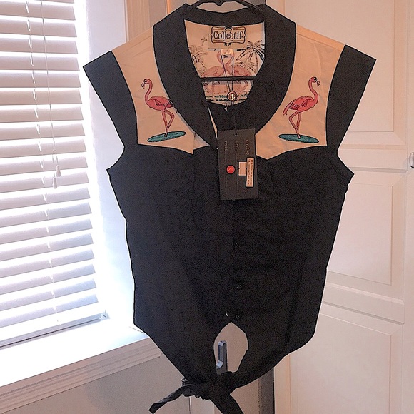 Collectif Tops - Flamingo motif blouse with waist-ties